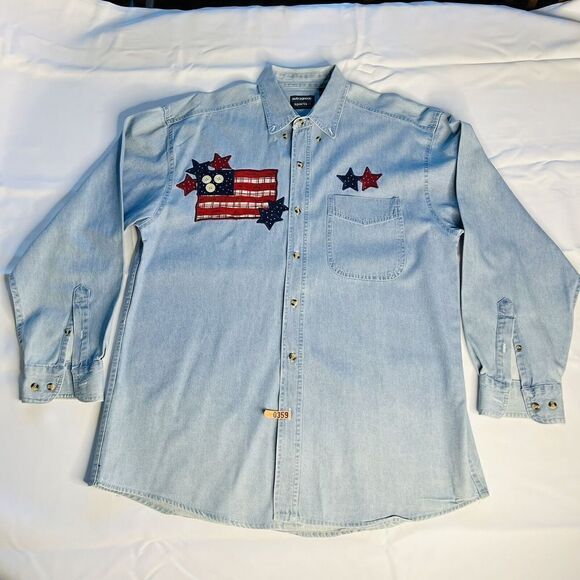 Patriotic Outrageous Sport Men Denim Button Down Shirt Blue Embroidered Cotton L - Picture 1 of 13